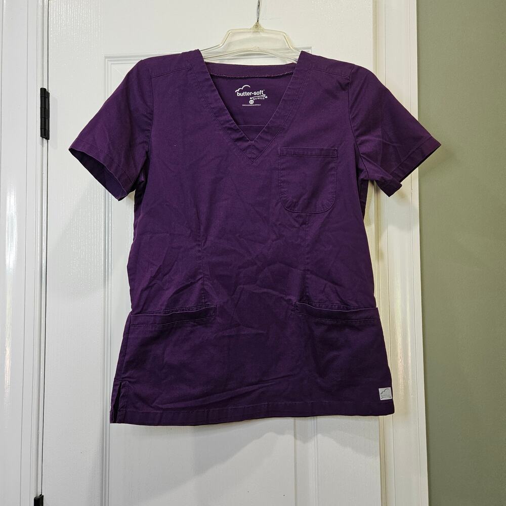 Butter-Soft STRETCH Women's‎ Extra Small Eggplant 3-Pocket Welt V-Neck Scrub Top